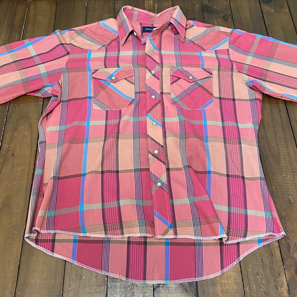 Vintage 80s Wrangler Western Pearl Snap Shirt Mens Large Pink Plaid Made in USA